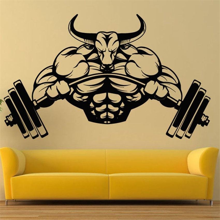 Home Gym Layout - Gym สติกเกอร์ฟิตเนสเพาะกายโปสเตอร์กล้ามเนื้อดัมเบลตกแต่งไวนิลกีฬายิมสติกเกอร์ตกแต่งบ้าน Bull Art ภาพจิตรกรรมฝาผนัง M143