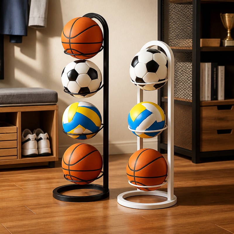 Home Gym Organization - ชั้นวางของโลหะสำหรับใช้งานในร่มแบบแข็งแรงทนทาน มี 2-5 ชั้นสำหรับจัดเก็บลูกบาสเก็ตบอล ฟุตบอล และวอลเลย์บอล