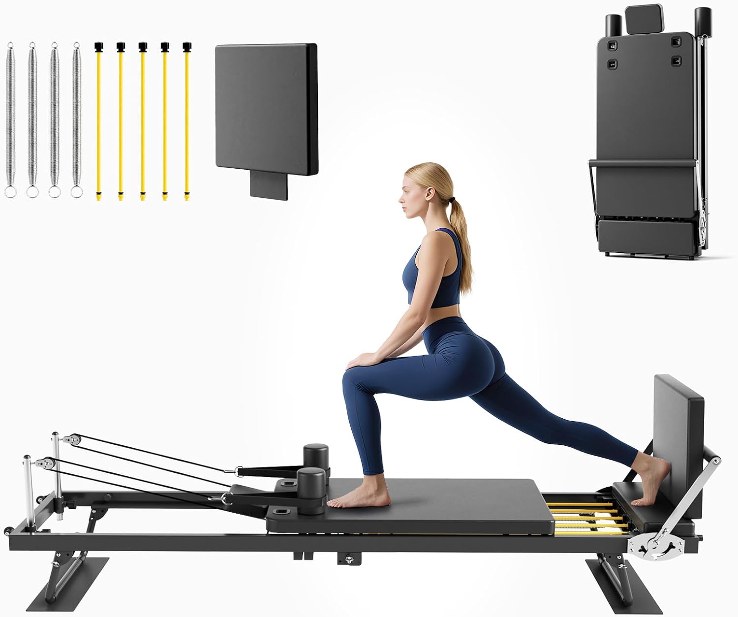 Home Gym Resistance Machine - เครื่องพิลาทิส รีฟอร์มเมอร์แบบพับได้, อุปกรณ์ออกกำลังกายที่บ้านสำหรับการออกกำลังกายทั่วร่างกาย, แพลตฟอร์มระบบแรงต้านคู่พร้อมกระดานกระโดด, สไตล์มินิมอลทันสมัย, สีดำ,
